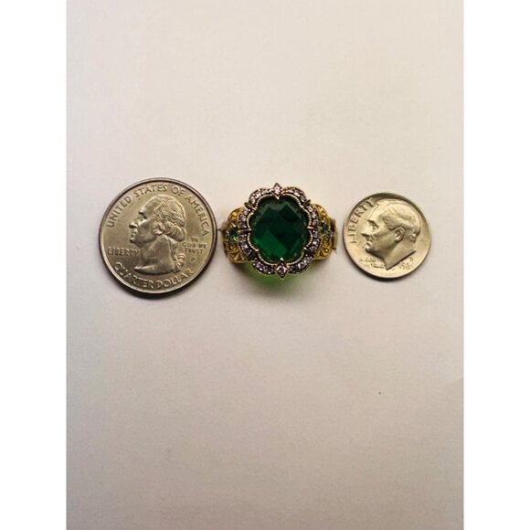 Estate Gold Over Sterling Silver Emerald & CZ Statement Ring, Size 6, 6.82g, Fil - Picture 9 of 10